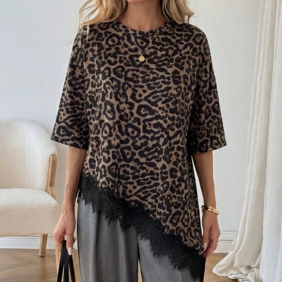 Multicolor Casual Women's Leopard Print Lace Patchwork Short Sleeve T-Shirt - Picture 5 of 9